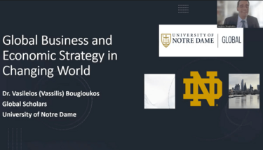 Title slide for Dr. Vasileios (Vassilis) Bougioukos's presentation on Global Business and Economic Strategy in a Changing World. The slide includes the University of Notre Dame logo and the Notre Dame monogram. A small inset image of a cityscape is visible.  Dr. Bougioukos is shown in the top right corner.